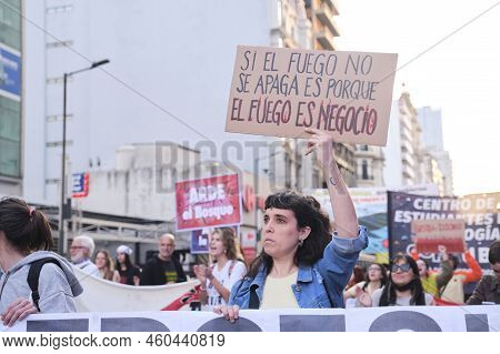 Buenos Aires, Argentina; August 25, 2022: People Holding Environmental Posters At A Protest Against 