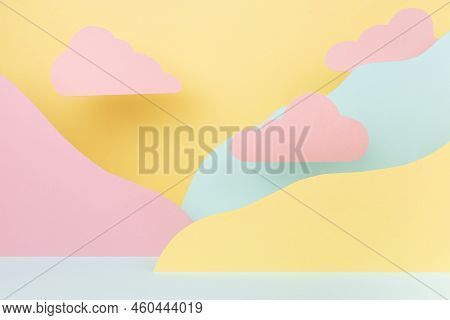 Abstract Pastel Colorful Stage Mockup - Paper Landscape With Mountains Yellow, Mint Color, Pink Clou