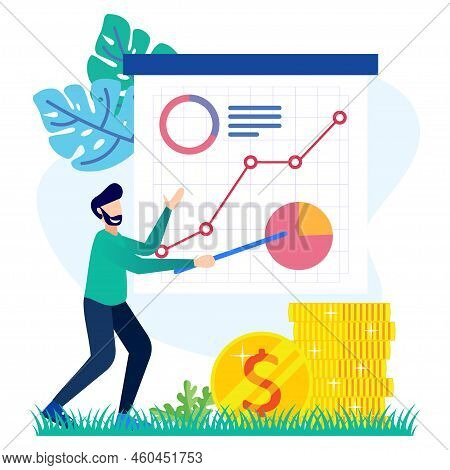 Stock Trading Concept Flat Style Vector Illustration. Businessman Analyzing Stock Market With Charts