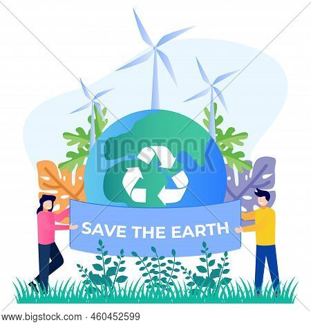 Flat Style Vector Illustration. People Care For And Protect The Earth. The Character Of The Person U