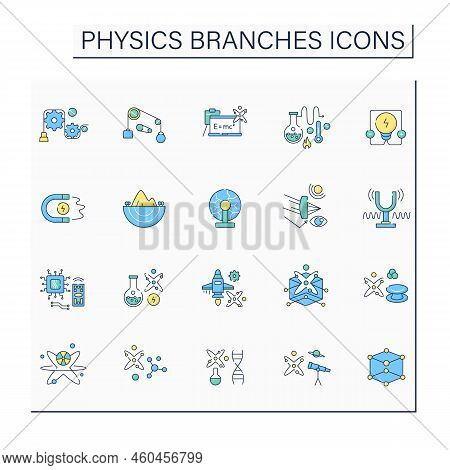 Physics Branches Color Icons Set. Scientific Disciplines. Research Macroscopic And Microscopic Physi