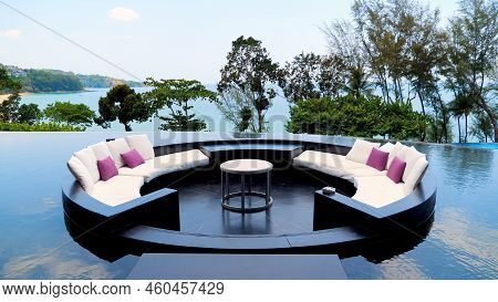 Lounge Zone With Cozy Couch In Modern Luxury Tropical Resort With Sea View. Concept Of Asia Travel, 