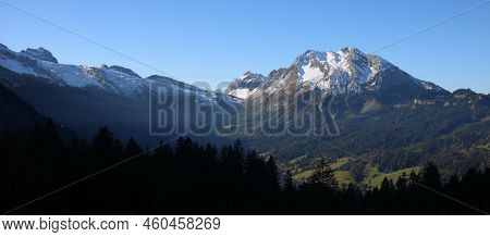 Snow Capped Mountain Fluebrig And Other Mountains In Schwyz Canton.