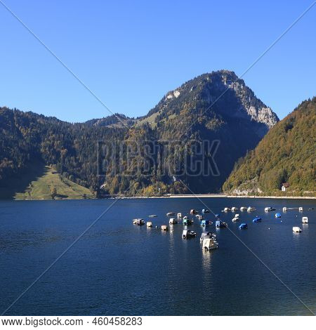 Autumn Scene In Innerthal, Schwyz Canton. Lake Waegital.