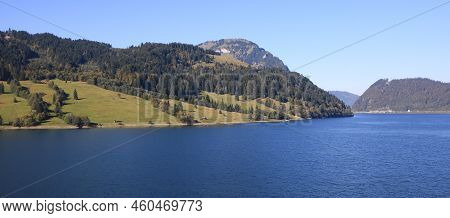 Rural Landscape And Lake In Innerthal, Schwyz Canton.