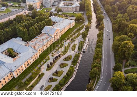 Aerial View Of The Public Park Of The Karpovka River Embankment In St. Petersburg At Sunset, Russia,