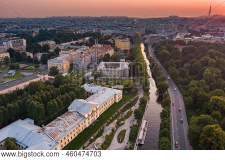 Aerial View Of The Public Park Of The Karpovka River Embankment In St. Petersburg At Sunset, Russia,