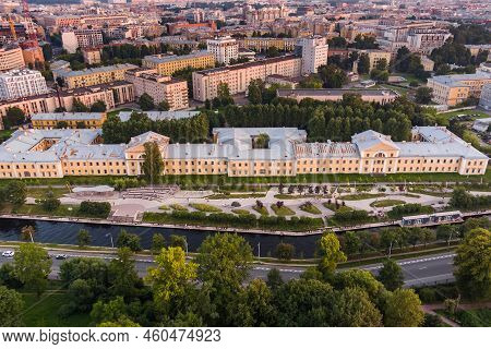 Aerial View Of The Public Park Of The Karpovka River Embankment In St. Petersburg At Sunset, Russia,