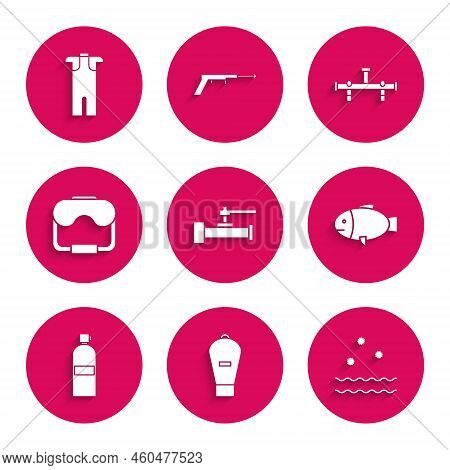 Set Industry Metallic Pipes And Valve, Lift Bag, Cold Waves, Fish, Aqualung, Diving Mask, Manifold A