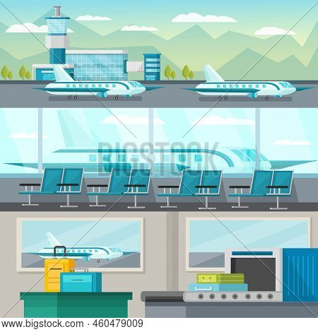 Set Of Orthogonal Horizontal Banners With Airport Interiors And Airfield Isolated Vector Illustratio