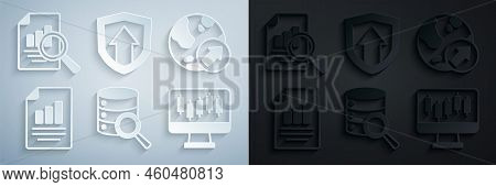Set Server, Financial Growth, Document With Graph Chart, Stocks Market Graphs, And Icon. Vector