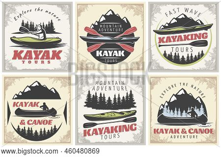 Set Of Six Kanoe And Kayak Square Labels With Forest Mountain Adventure Symbols Silhouettes And Capt