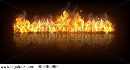 Realistic Colorful Image Line Bon Fire Flame With Horizontal Reflection Smoke And Sparks On Black Ba
