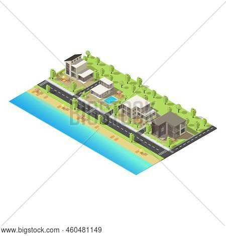 Isometric Coastal Suburban Buildings Concept With Mansions Of Different Construction Road Beach And 