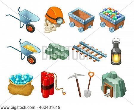 Mining Game Isometric Elements Collection With Cart Trolley Gemstones Minerals Railway Lantern Dynam