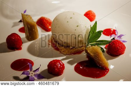 Delicate Gourmet Dessert With Ice Cream And Red Berries. Red Fruit Flavors. Fancy Food.