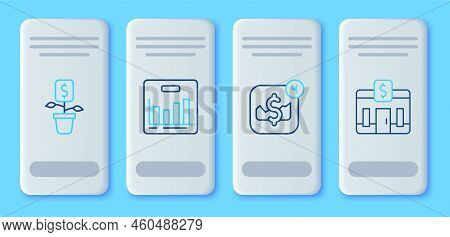Set Line Pie Chart Infographic, Mobile Stock Trading, Dollar Plant And Bank Building Icon. Vector
