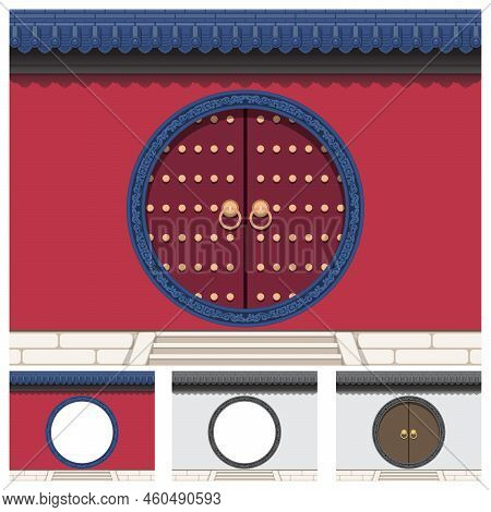 Layered Editable Vector Illustration Of A Gate On The Wall With Ancient Chinese Traditional Style.