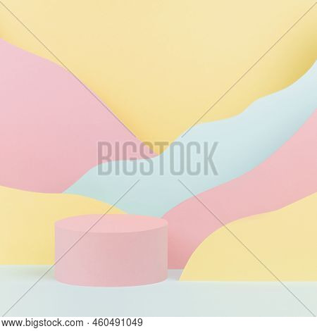 Trendy Hipster Scene - Pink Circle Podium Mockup, Abstract Mountain Landscape - Pastel Pink, Yellow,