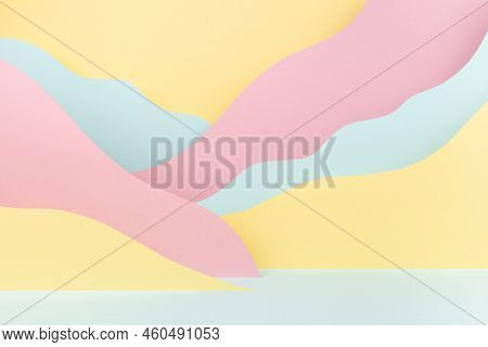 Abstract Scene - Landscape With Mountains Of Paper In Soft Light Pastel Pink, Yellow, Mint Color In 