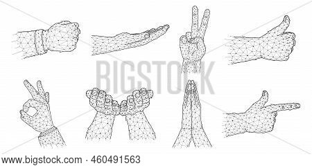 Vector Set Of Hands Showing Gestures In Polygonal Style. Hand Gestures Ok, Thumbs Up, Peace, Pray, F