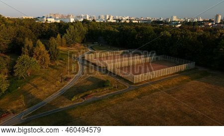 Winding Bike Path In The City Park. City Park At Dawn. Aerial Photography.