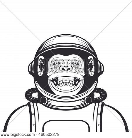 Vector Smiling Chimpanzee Ape With Astronaut Helmet, Suit. Funny Monkey With Cosmonaut Mask For Spac