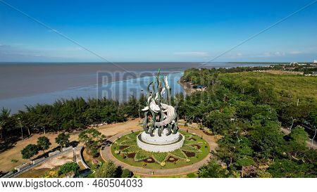Aerial View Of The A Giant Shark And Crocodile Statue As A Symbol Of The City Of Surabaya. A Landmar