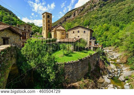 Spectacular Mountain Village With Old Houses Made Of Stone And Romanesque Church With Bell Tower, Be
