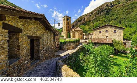 Spectacular Mountain Village With Old Houses Made Of Stone And Romanesque Church With Bell Tower, Be