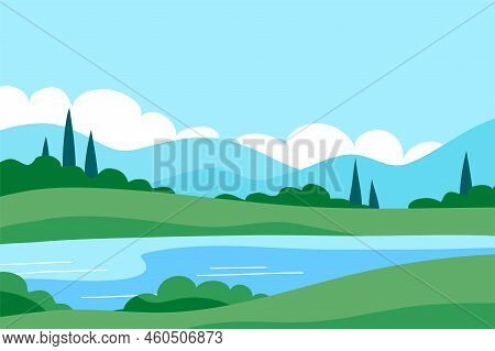 Summer Italian Landscape Of Nature. Panorama With Green Forest, Cypress, Fields, Blue Sky And Lake. 