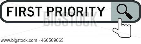 Search Banner In Word First Priority With Hand Over Magnifier Icon On White Background