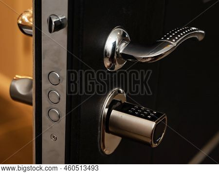 Open Door To The Apartment With A Combination Lock. Keyless Entry.