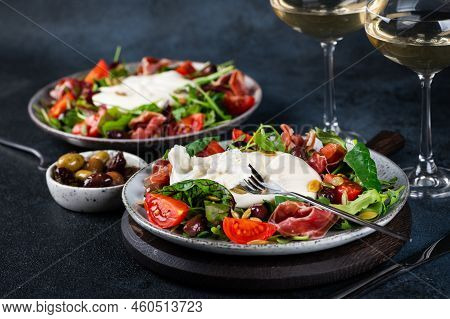 Burrata, Italian Fresh Cheese Made From Cream And Milk Of Buffalo Or Cow. Burrata Salad With Tomatoe