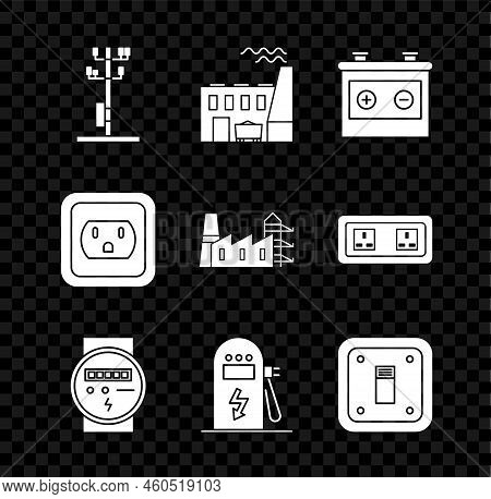 Set High Voltage Power Pole Line, Coal Plant And Factory, Car Battery, Electric Meter, Car Charging 