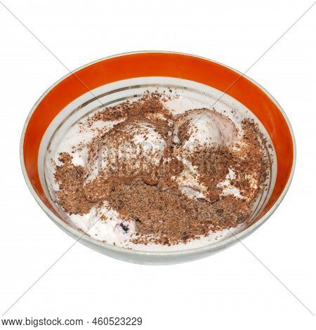 Creamy Ice Cream With Chocolate Chips.a Bowl With Ice Cream In Chocolate Chips.ice Cream With Chocol