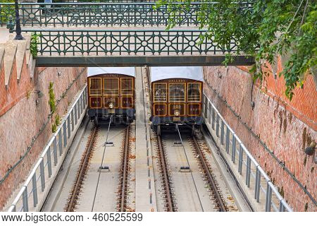 Budapest, Hungary - July 31, 2022: Buda Castle Hill Funicular Budavari Siklo Historic Railway Line I