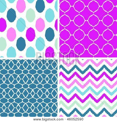 Sæt af blå og pink ikat geometriske seamless patterns baggrunde