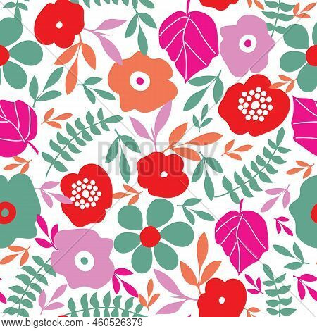 Seamless Colorful Abstract Vector Floral And Leaf Pattern Design On A White Background.