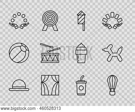 Set Line Clown Hat, Hot Air Balloon, Firework Rocket, Circus Curtain Raises, Juggling, Drum With Dru