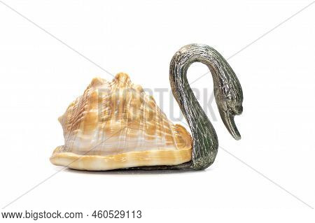 Image Of Swan Sculpture With Shells As Part Of Its Body. Isolated On White Background. Home Decorati