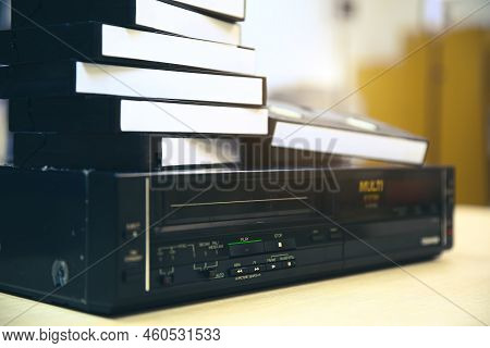 Pile Of Video Cassette Tape Vhs With Video Playback Old Retro Style Stack Concept Of Vintage Electri