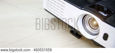 Close-up Computer Projector On Table Boardroom Or Meeting Room Technology Equipment Of Visual Or Vis