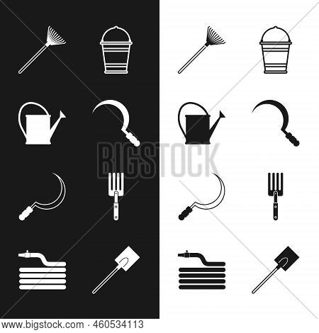 Set Sickle, Watering Can, Garden Rake For Leaves, Bucket, Fork, Shovel And Hose Fire Hose Icon. Vect
