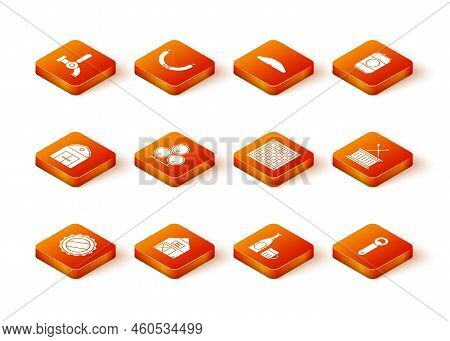 Set Bottle Cap, Farm House, Wooden Barrels, Beer Bottle And Glass, Checkered Napkin, Opener And Musi