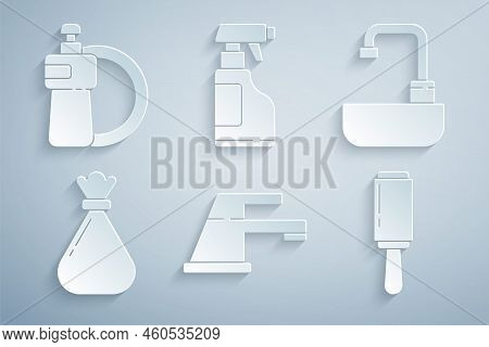 Set Water Tap, Washbasin With Water, Garbage Bag, Adhesive Roller, Spray Bottle Detergent Liquid And