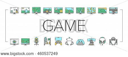 Video Game Electronic And Device Icons Set Vector. Racing Simulator And Simulation, Action And Adven