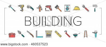 Building Tool Hammer Repair Drill Icons Set Vector. Home Saw, Construction Screwdriver, House Work, 