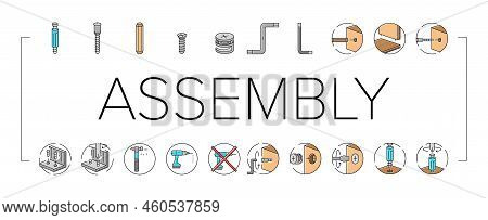 Assembly Furniture Instruction Icons Set Vector. Manual Diy, Man Home Instructions, Repair Tools Con