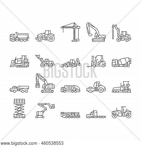Construction Car Vehicle Tractor Icons Set Vector. Machinery Excavator, Machine Digger, Work Crane, 